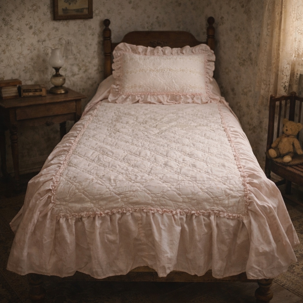 Vintage 1980s Pink Twin Coverlet & Pillow Sham Set